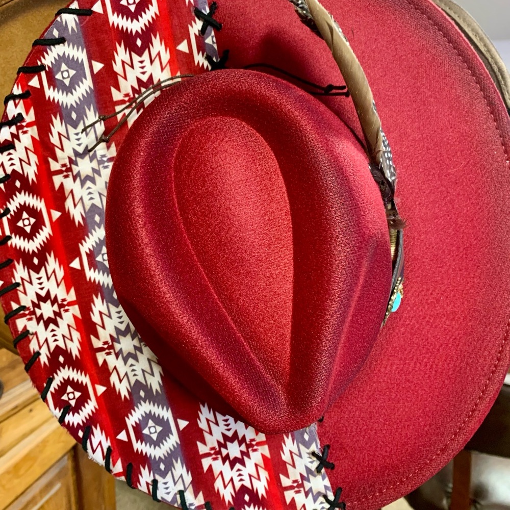 Red Fedora Western Hat with Patterned Brim